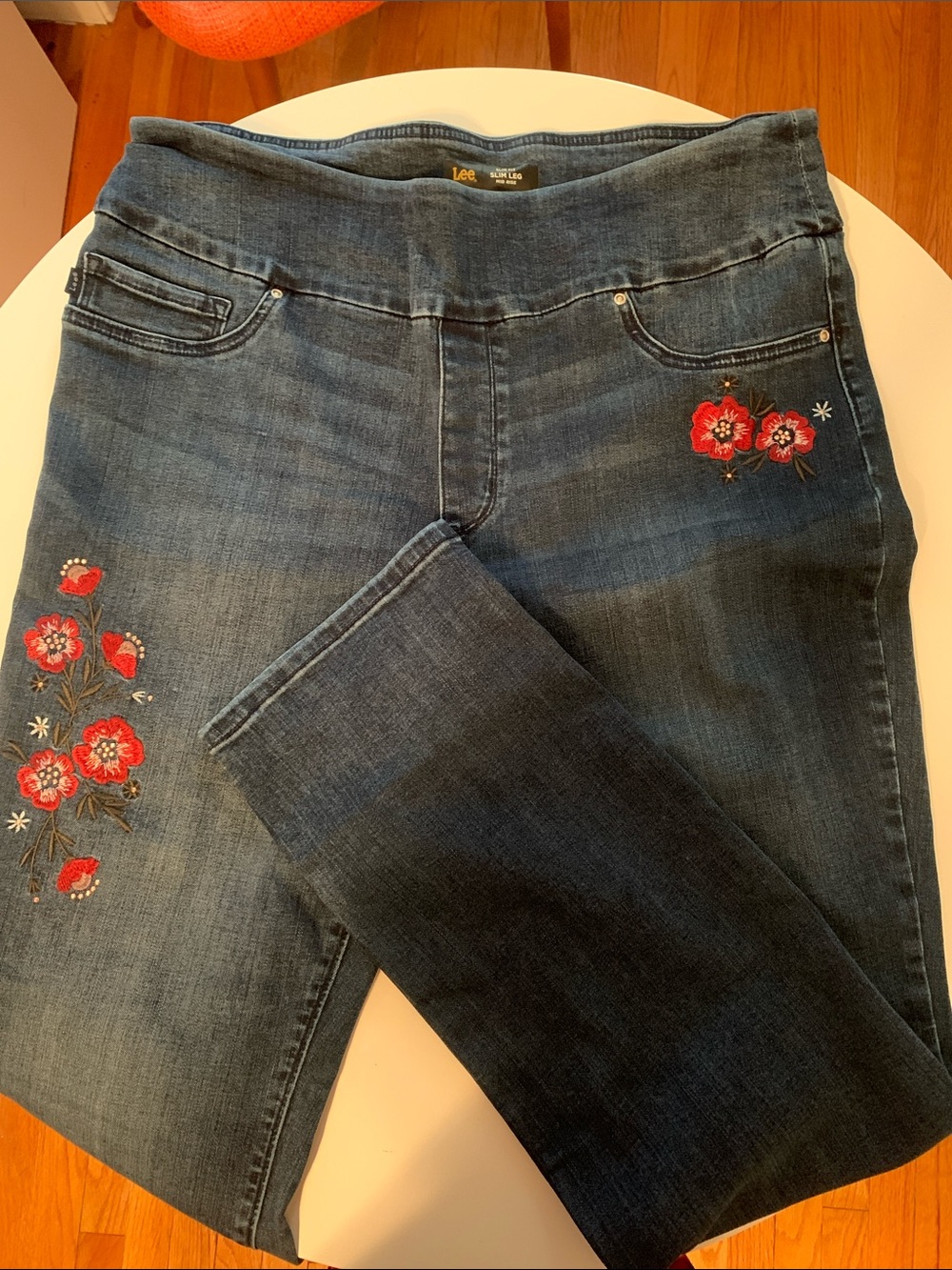 Lee Women's Dark Blue Embroidered Floral Pull on Jeans - Red Floral Detail